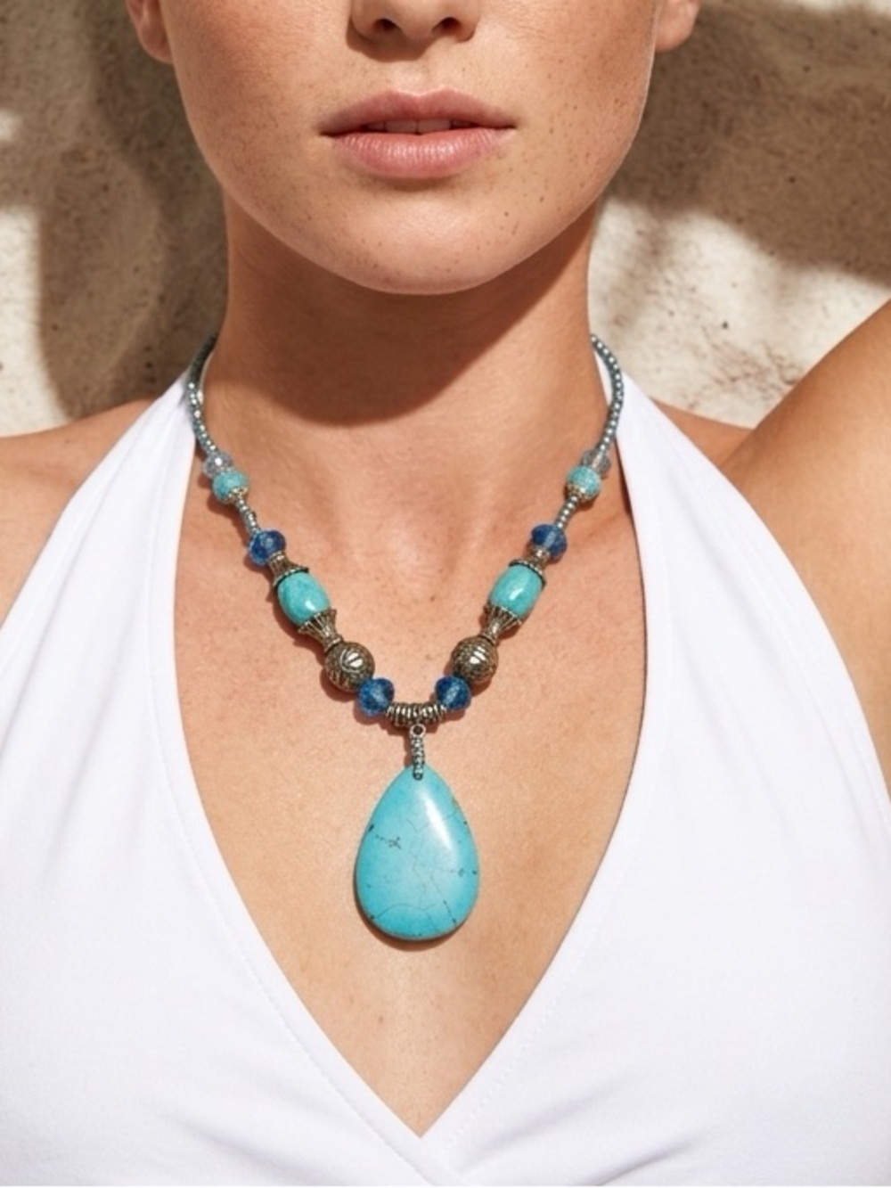 Howlite Pendant and Silver-Tone Beaded Necklace